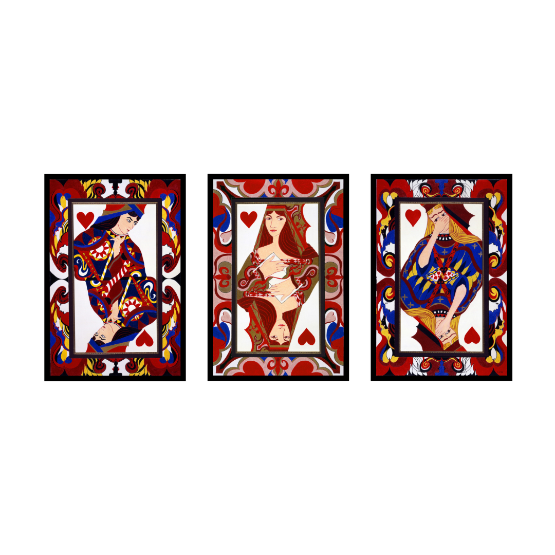 Three playing card illustrations of a king, queen, and jack of hearts on a white background.