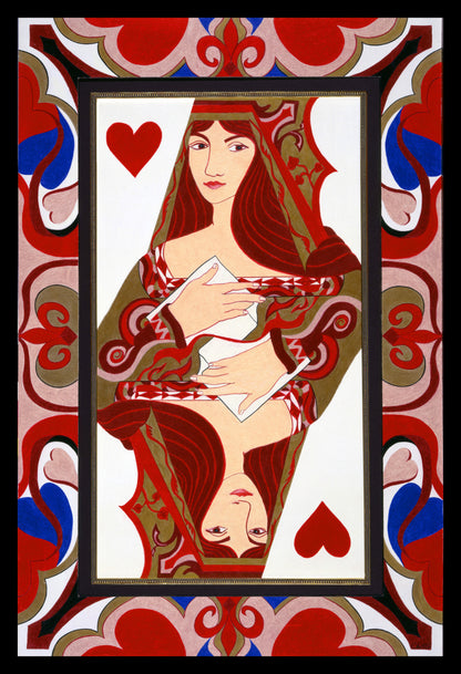 Playing card with a stylized female figure holding a heart, framed by decorative elements.