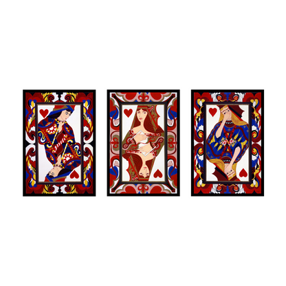 Three playing card illustrations of a king, queen, and jack of hearts on a white background.