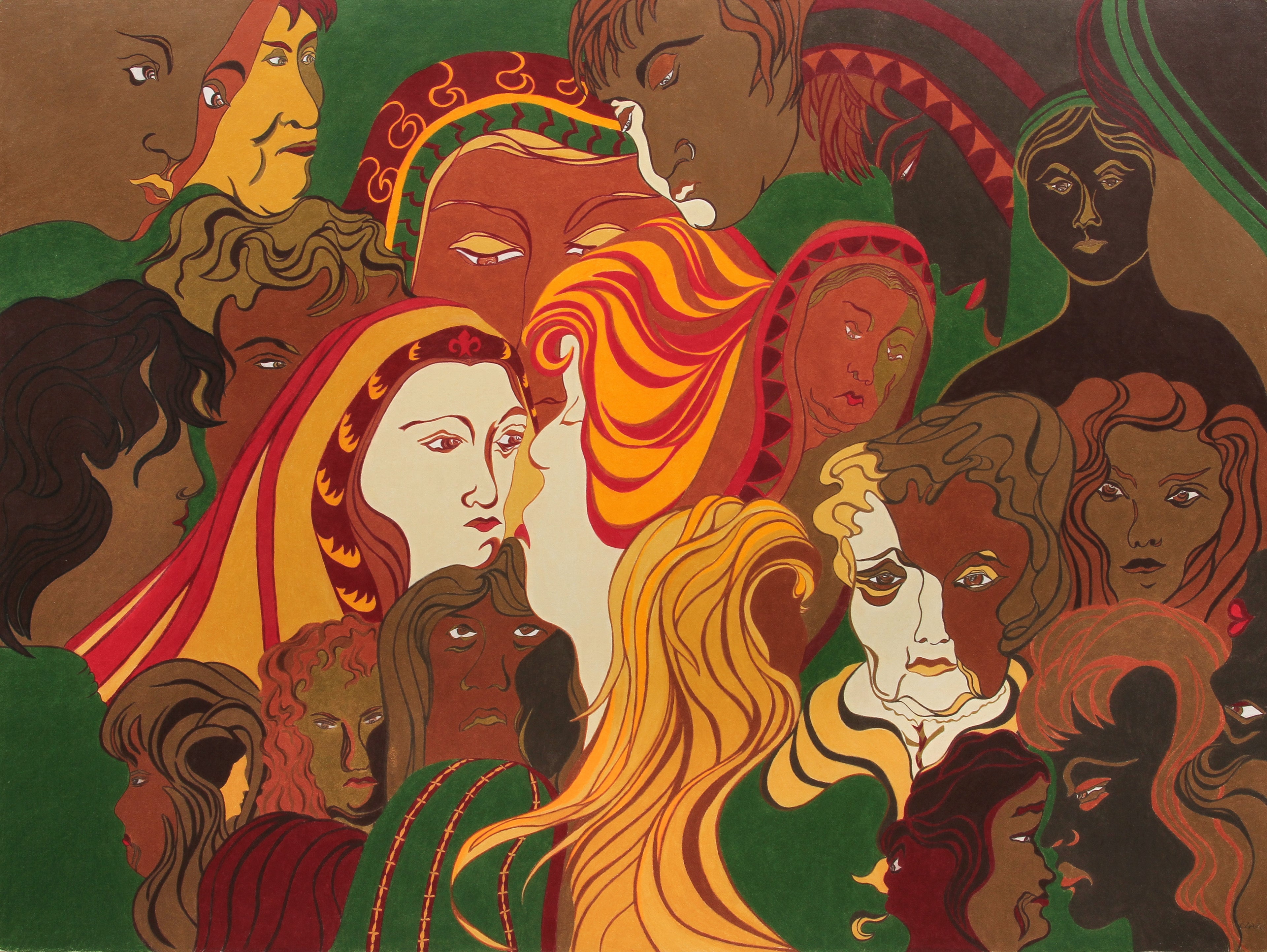 Artistic depiction of multiple faces with vibrant colors and patterns.